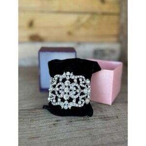 Dazzling Stunning Silver Tone Clear Wedding Bracelet Cuff Beautiful READ DETAILS